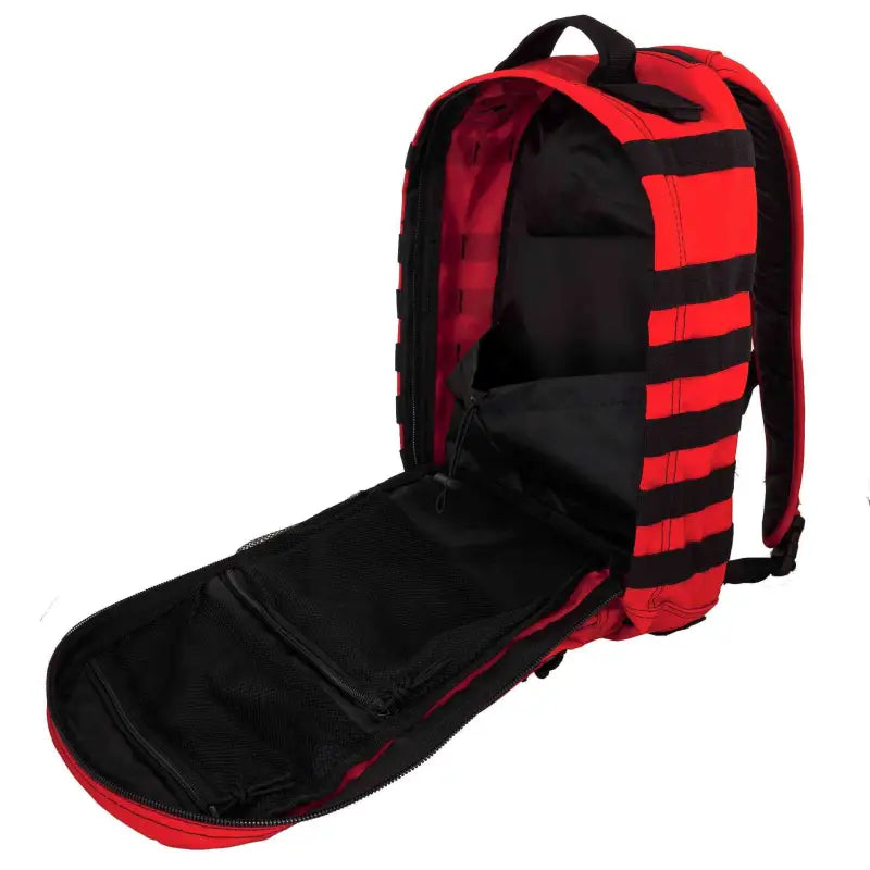 Red and black tactical trauma backpack with open main compartment and USA flag patch