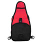 Red and black shoulder sling backpack with pocket and buckle for bleeding control use