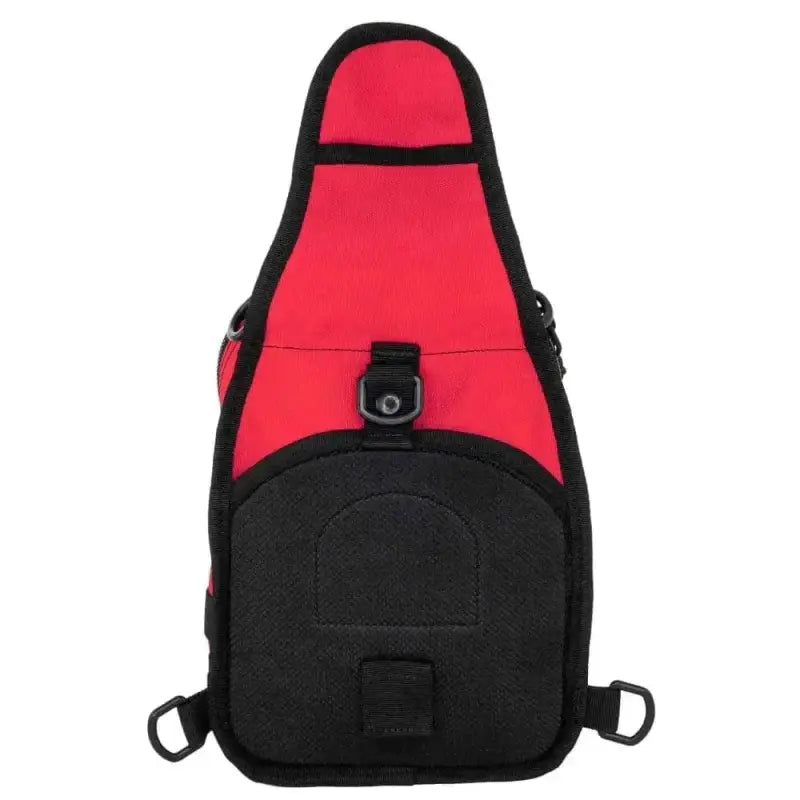 Red and black shoulder sling backpack with pocket and buckle for bleeding control use