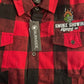 Red and black buffalo plaid Burning Hop Flannel shirt with Smoke Showing logo patch