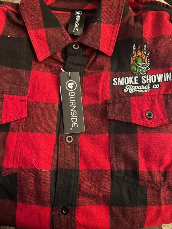 Red and black buffalo plaid Burning Hop Flannel shirt with Smoke Showing logo patch