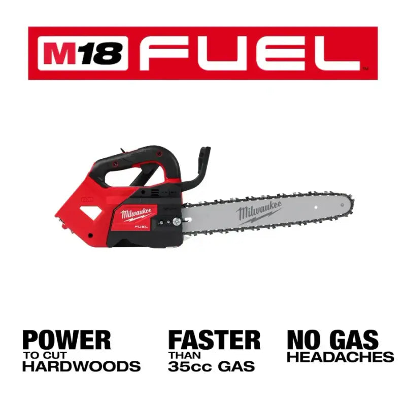 Red and black cordless handle chainsaw featuring M18 FUEL™ technology for superior cut power