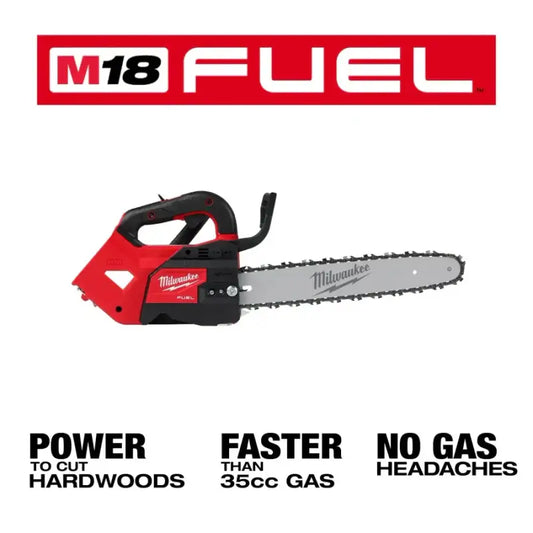 Red and black cordless handle chainsaw featuring M18 FUEL™ technology for superior cut power