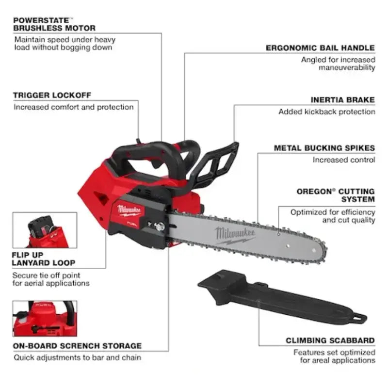 Red and black handle chainsaw with safety features, Milwaukee M18 FUEL 14 inch top handle chainsaw