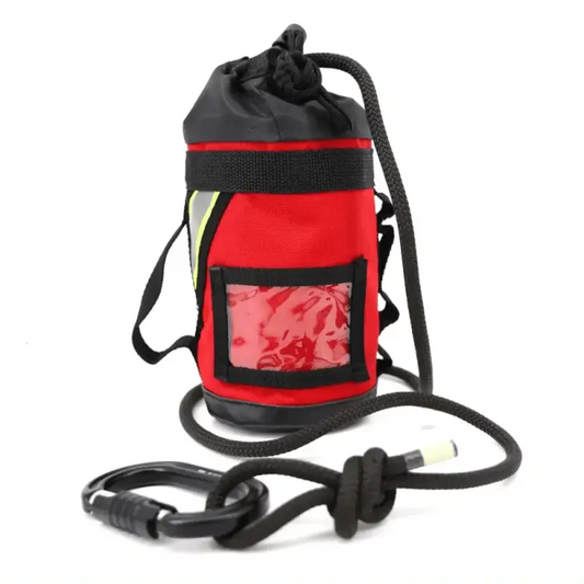 Red and black cylindrical drawstring bag for personal rope and bailout kit