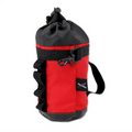 Red and black cylindrical drawstring chalk bag with climbing gear loops for personal rope use
