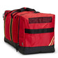 Red and black turnout gear bag with mesh panel and reflective stripes for firefighter helmet