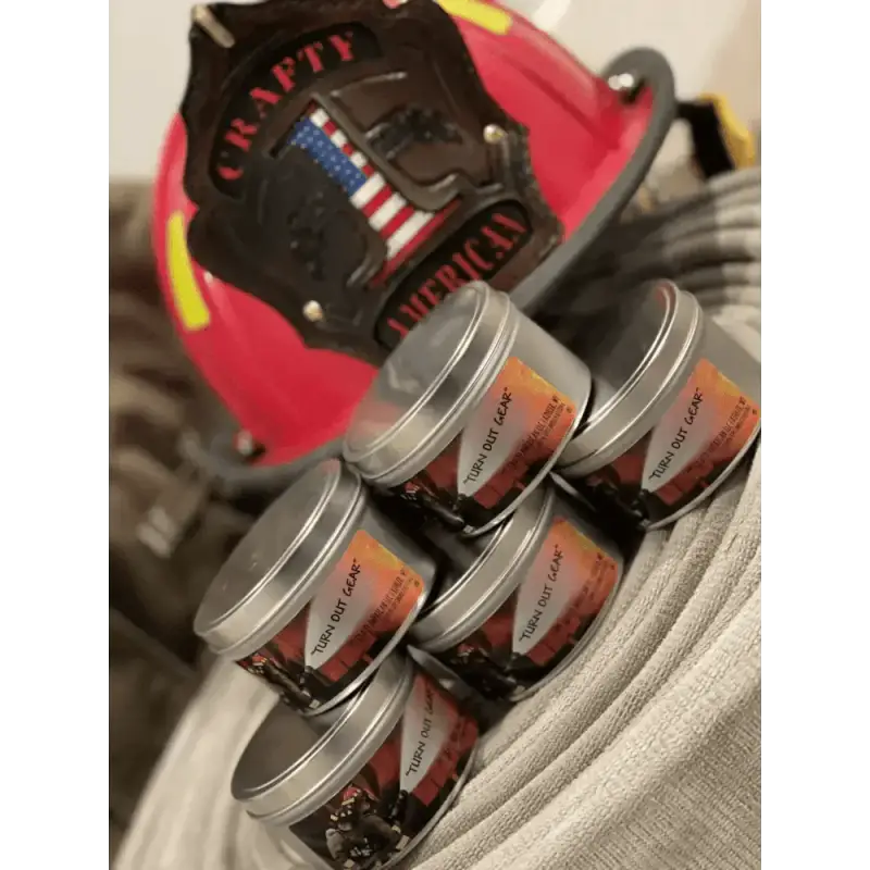 Red and black firefighter helmet with metal tins for Turn Out Gear scented candle