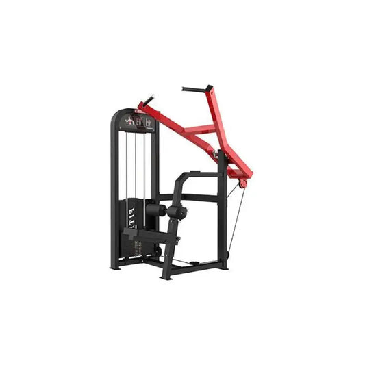 Red and black lat pulldown machine with main tube and rectangle tube for first responders