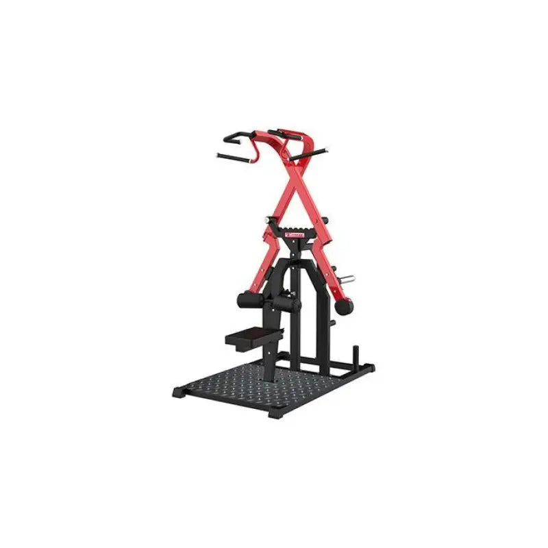 Red and black lat pulldown machine with main tube for strength training in fitness facilities