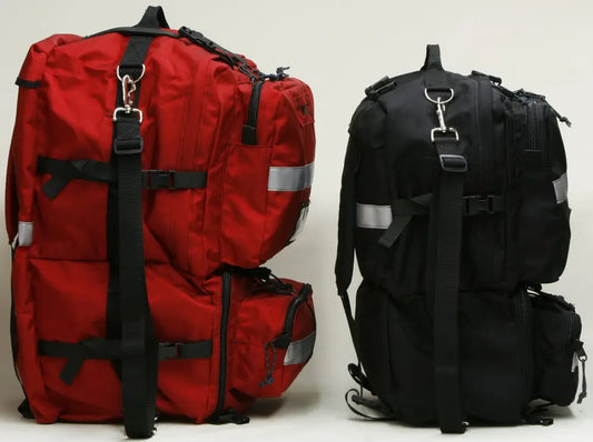 Red and black medical backpacks made of ballistic nylon with ample storage space for first responders