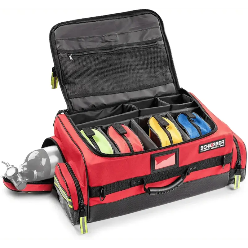 Red and black Responder O2 Bag with compartments for Ultimate Professional EMT supplies