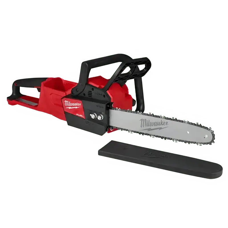 Red and black Milwaukee 2727-20C M18 FUEL™ 14’’ Chainsaw with protective bar cover