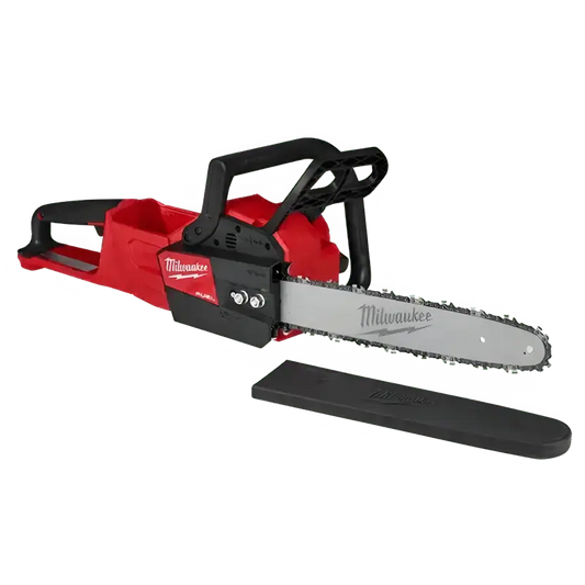 Red and black Milwaukee 2727-20C M18 FUEL™ 14’’ Chainsaw with protective bar cover