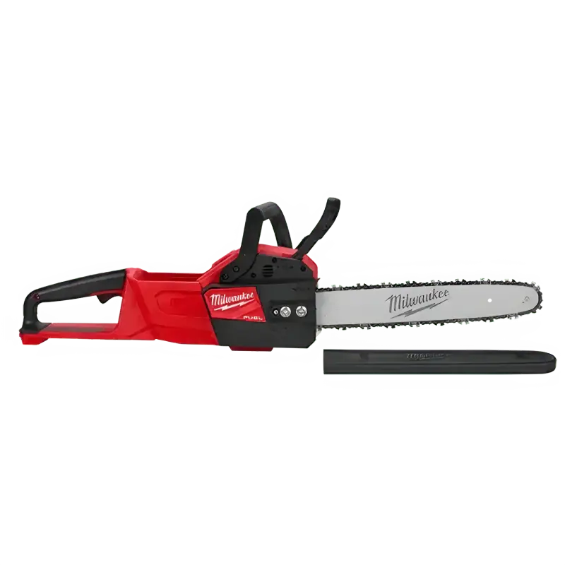 Red and black Milwaukee 2727-20C M18 FUEL™ 14’’ Chainsaw with guide bar