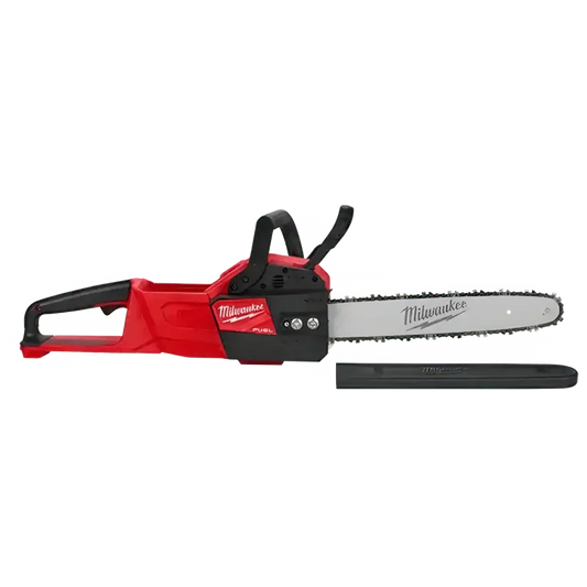 Red and black Milwaukee 2727-20C M18 FUEL™ 14’’ Chainsaw with guide bar