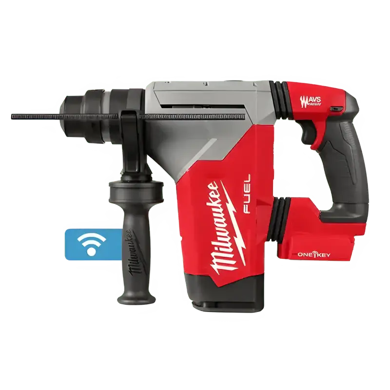 Red and black Milwaukee M18 FUEL 1-1/8’’ SDS Plus Rotary Hammer for efficient drilling