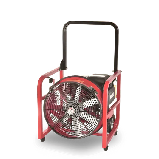 Red and black Super Vac gas powered vent fan with a durable tubular frame