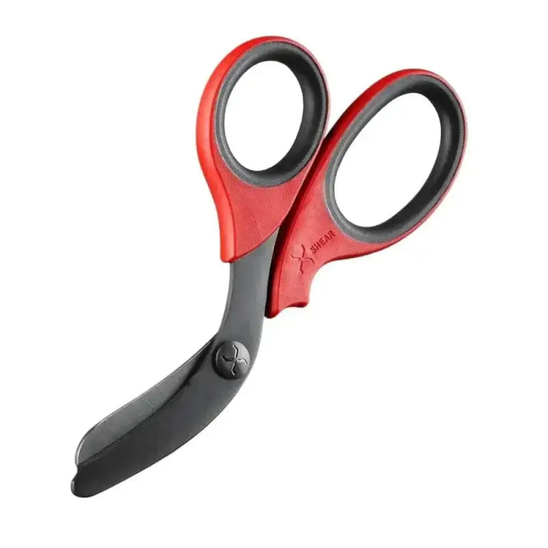 Red and black ergonomic trauma shears with black titanium coated stainless steel blades