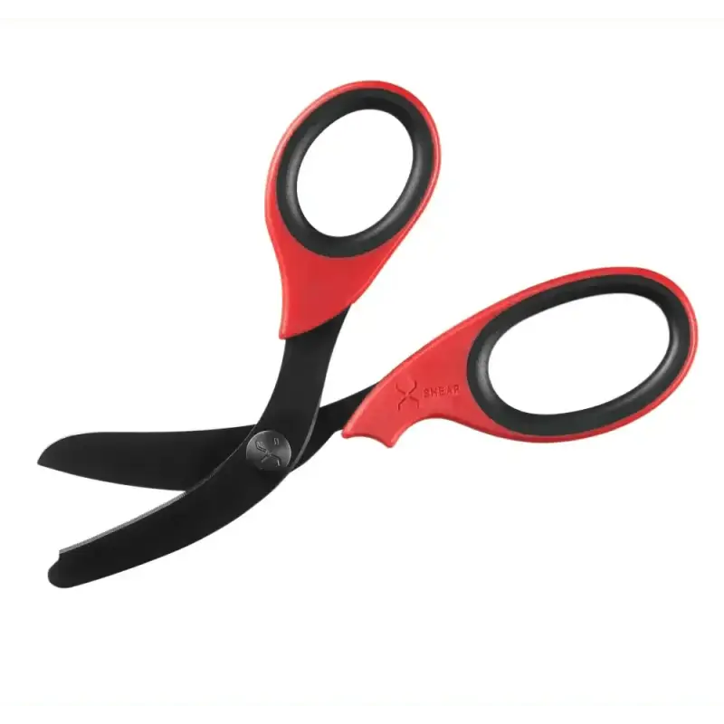 Red and black ergonomic scissors for XShear Heavy Duty Trauma Shears with black titanium coated blades