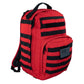 Red and black striped tactical trauma backpack with USA flag patch and multiple compartments