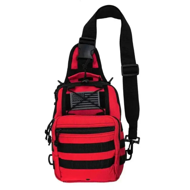 Red and black tactical Sling Backpack, perfect for first aid with American flag patch