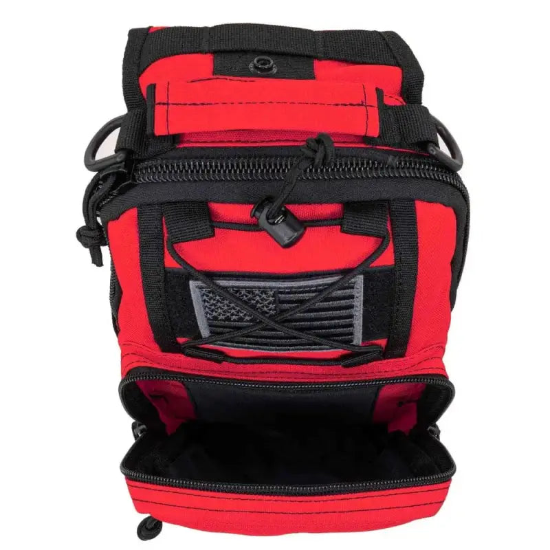 Red and black tactical medical pouch on Sling Backpack, perfect for bleeding control sling use