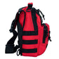 Red and black tactical shoulder sling backpack featuring MOLLE webbing for bleeding control