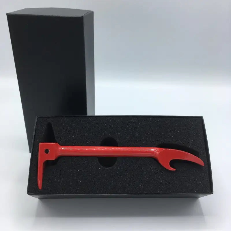Red curved hook bottle opener featured in a Gift Box for First Responders and Firefighters