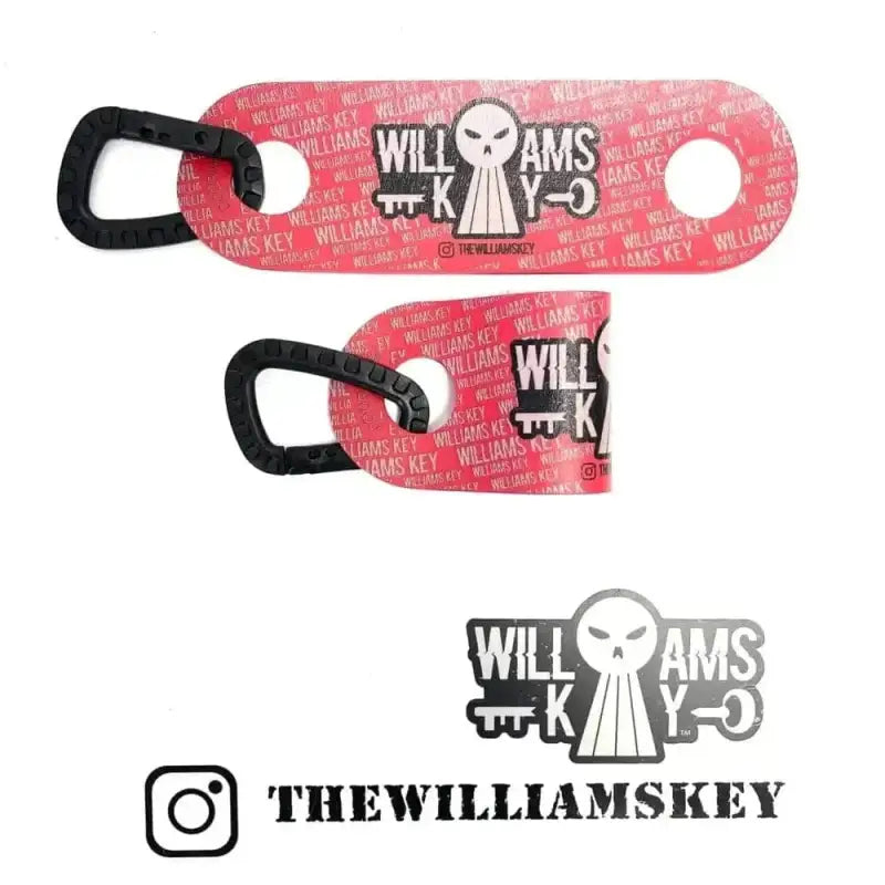 Red bottle opener with Williams Key branding and skull logo for Tactical Carabiner