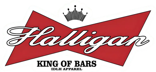 Red bowtie logo with Flatligan King of Bars text for Halligan stickers, honoring firefighters