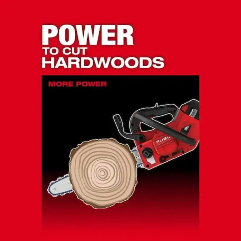 Red Milwaukee M18 Fuel handle chainsaw cutting log, powered by M18 Fuel™ tech
