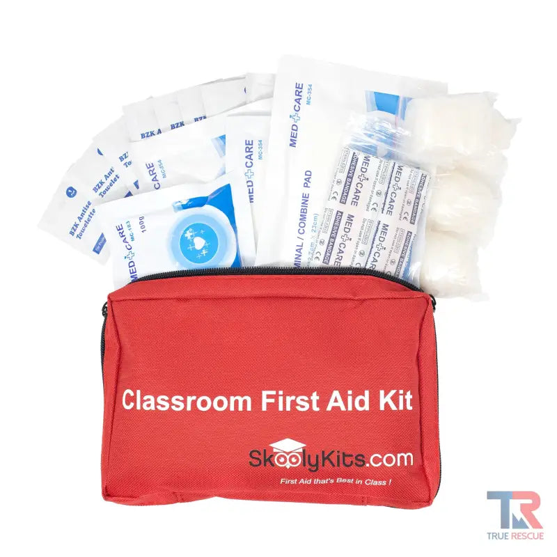 Red Classroom First Aid Kit with supplies for treating minor injuries and aiding first responders