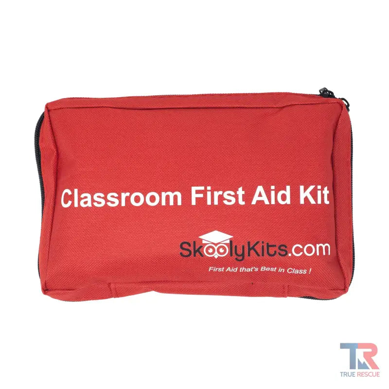 Red Classroom First Aid Kit pouch for minor injuries and first responders with logo