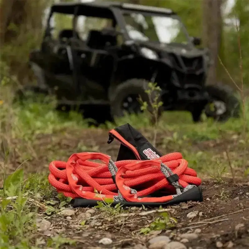 Red kinetic recovery rope with black end hooks from SXS Off-Road Recovery Kit