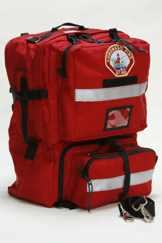 Red Coronado Fire first aid bag with county bag design and two internal storage compartments