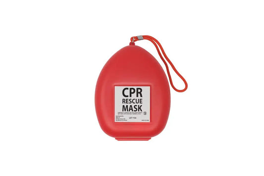 Red CPR pocket mask in protective case with loop attachment for easy access