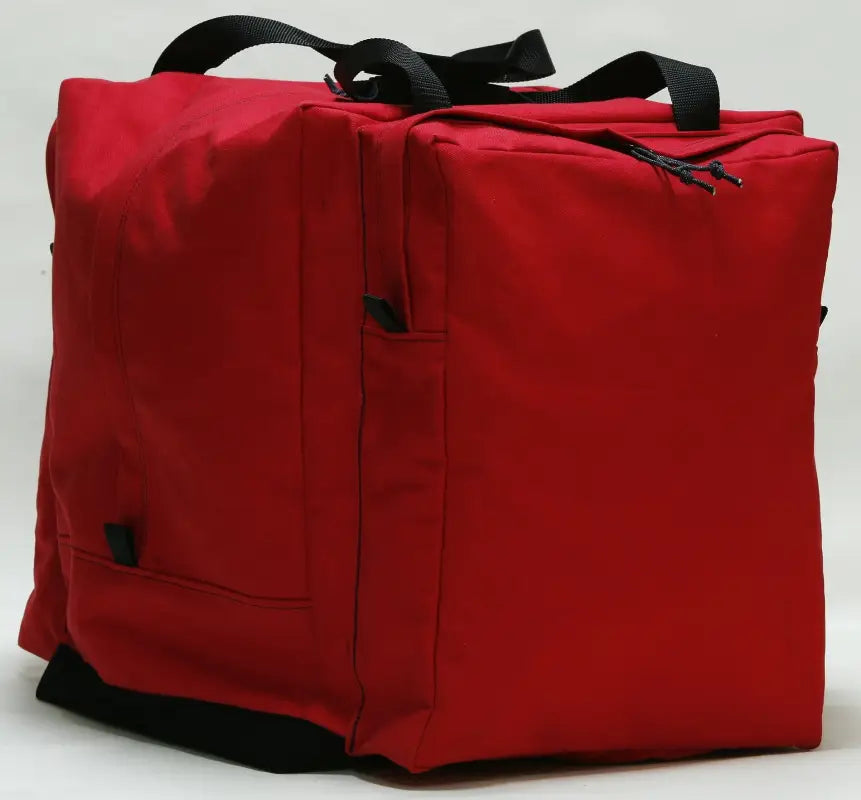 Red cube-shaped Turnout Gear Bag with black handles and suede-wrapped main compartment