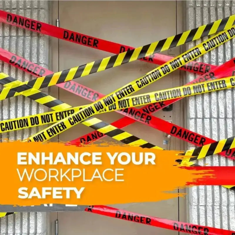 Overlapping red DANGER and yellow CAUTION tapes with ENHANCE YOUR WORKPLACE SAFETY message