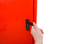 Red door with black handle on a Line2Design evacuation stair chair wall storage cabinet
