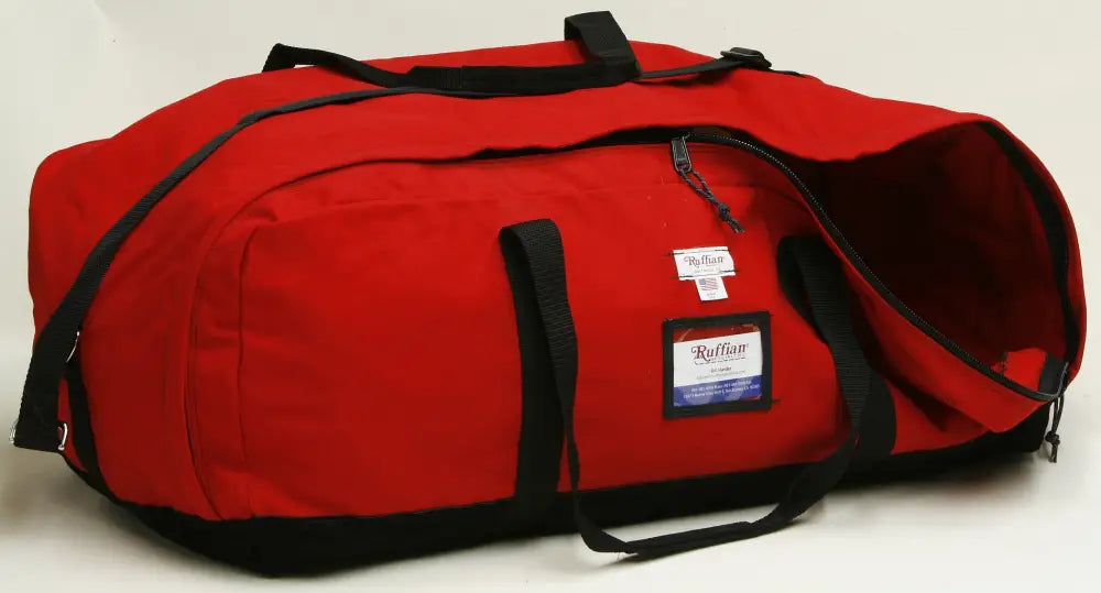 Red duffel gear bag with black accents for Firefighter Turnout Gear Side Zipper