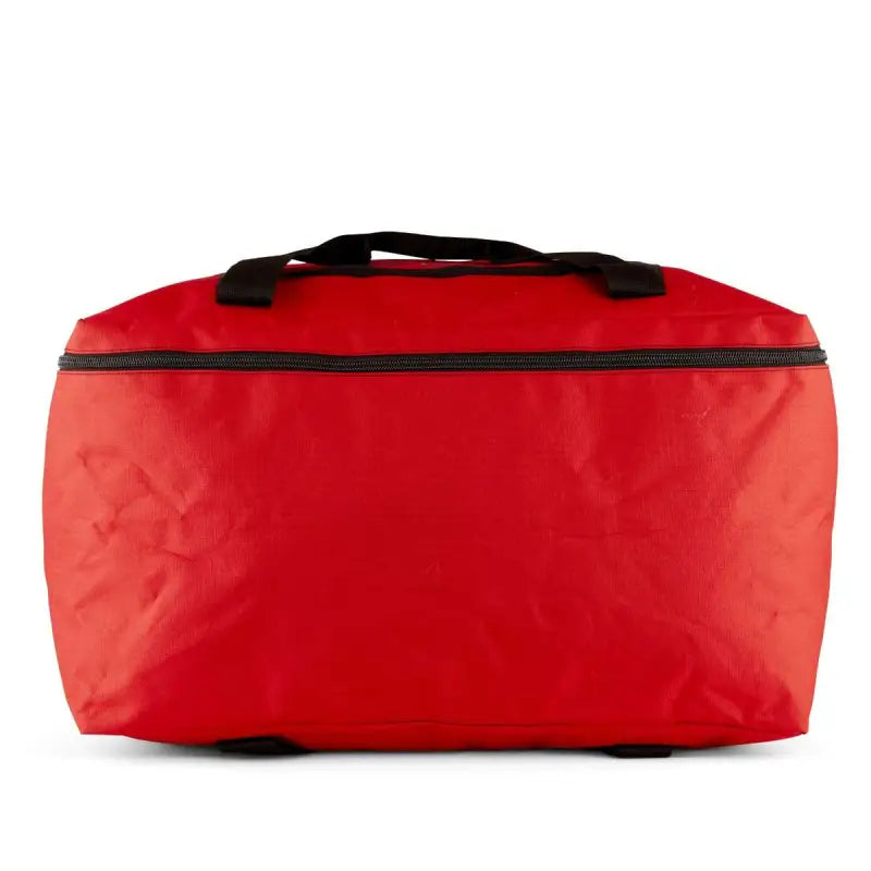 Red firefighter turnout gear bag with black handles and water resistant outer fabric