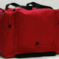 Red duffel turnout gear bag with black handles and suede wrapped main compartment