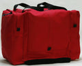 Red duffel turnout gear bag with black handles and suede wrapped main compartment