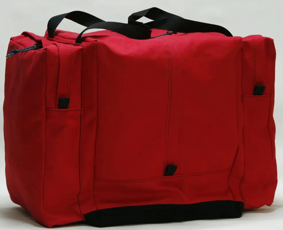 Red duffel turnout gear bag with black handles and suede wrapped main compartment