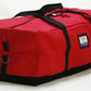 Red turnout gear bag with black straps and center zipper for durable gear storage