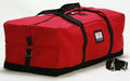 Red turnout gear bag with black straps and center zipper for durable gear storage