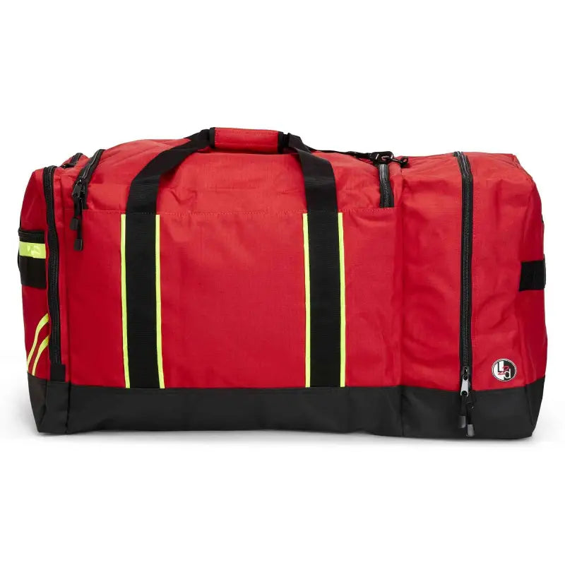 Red duffel bag with black straps and yellow accents for firefighter helmet and turnout gear