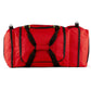 Red duffel bag with black straps for firefighter helmet and turnout gear with Maltese Cross