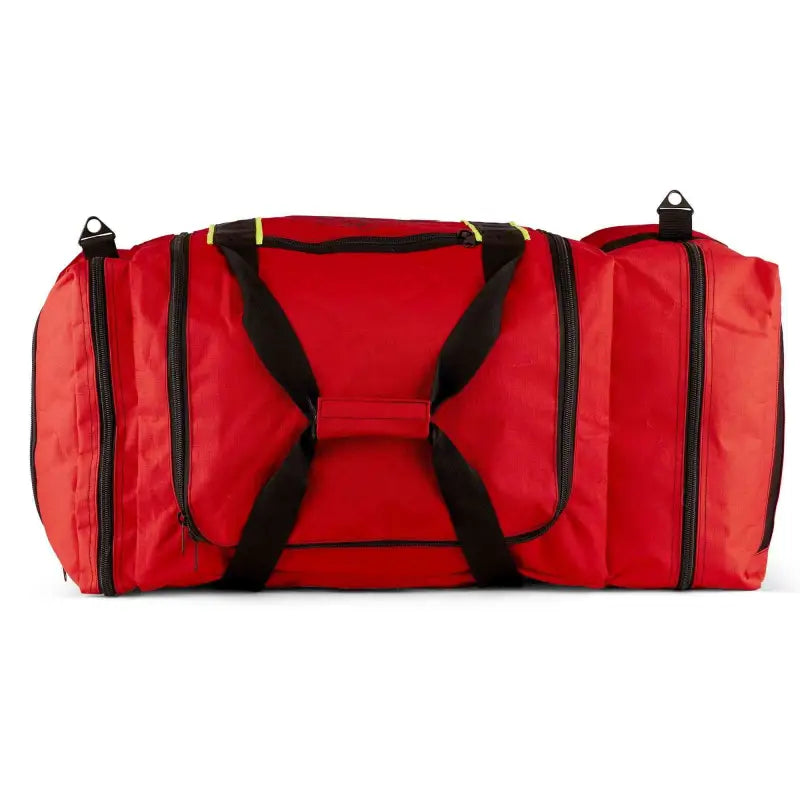 Red duffel bag with black straps for firefighter helmet and turnout gear with Maltese Cross